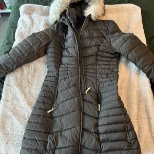 Laundry By Shelli Segal Brown Puffer Coat with Faux Fur Hood